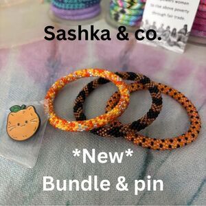 Orange and Black Bracelet Set with Pin 🆕 Sashka & co. 7” bracelets